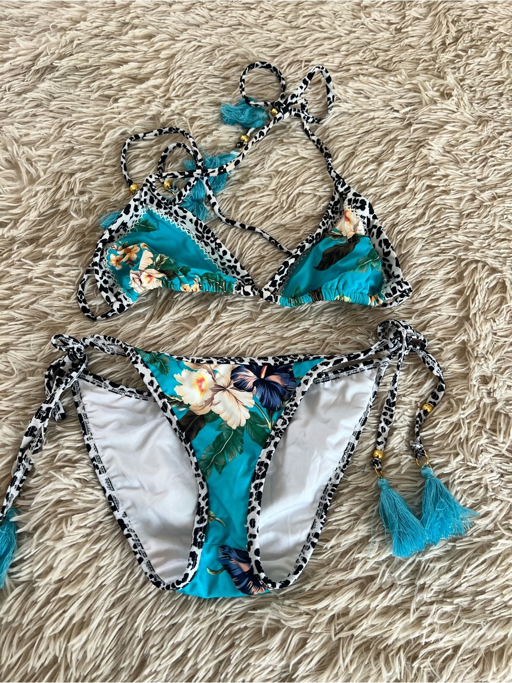 VENUS Turquoise Floral Tie-Side Bikini with Tassels